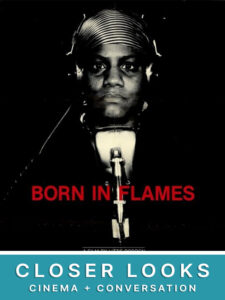 Born in Flames poster featuring an unknown woman speaking into a microphone